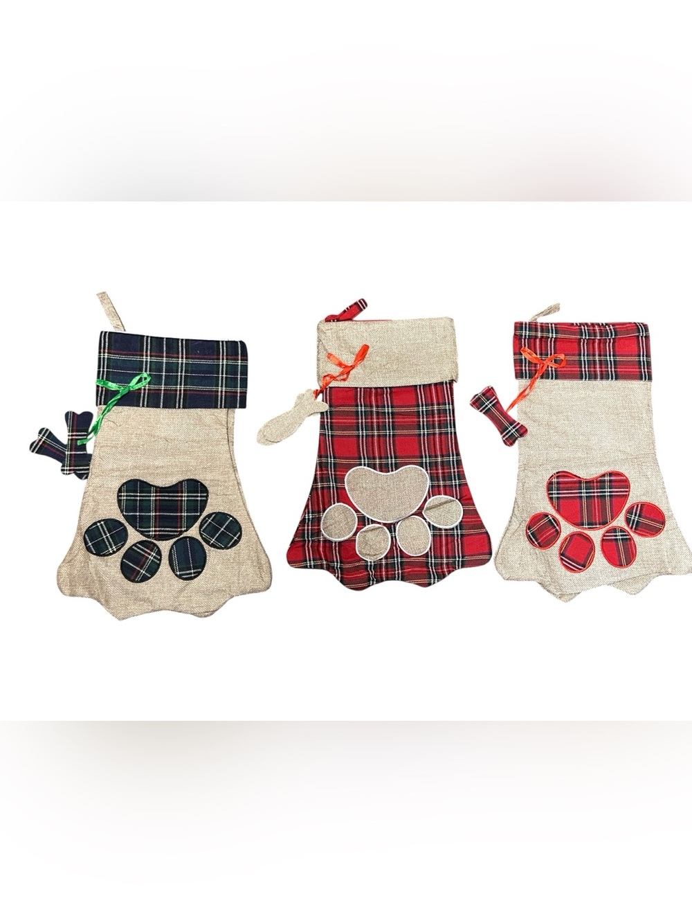Dog/cat Paw Print Plaid Stockings set of 3